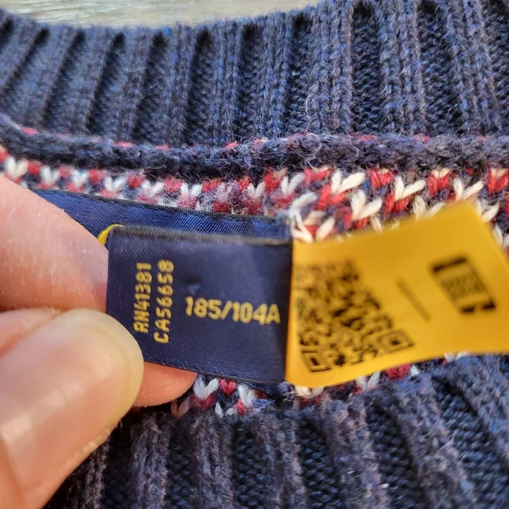 Polo Ralph Lauren Mens XL Fair Isle Snowflake Knit Sweater Navy Blue Red Cotton
